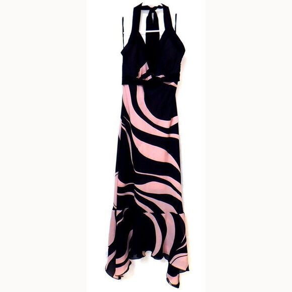 Junior womens black and pink swirl halter top asymmetrical dress - Picture 1 of 4
